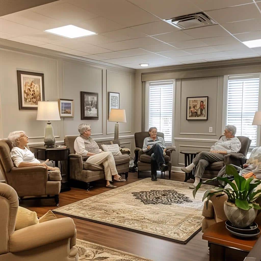 Memory care session with seniors engaging in reminiscence therapy in a comforting environment