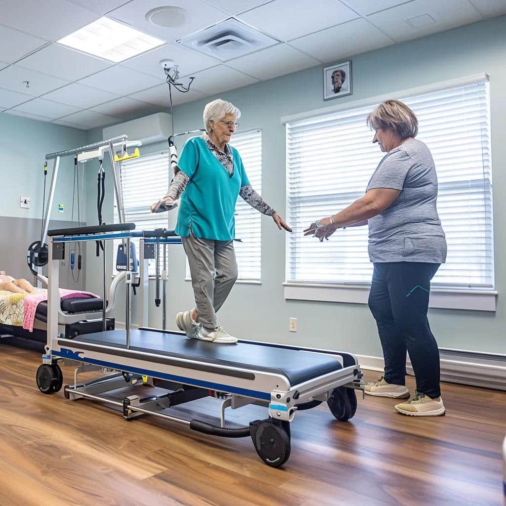 Physical therapy session with a therapist assisting a senior in a rehabilitation setting