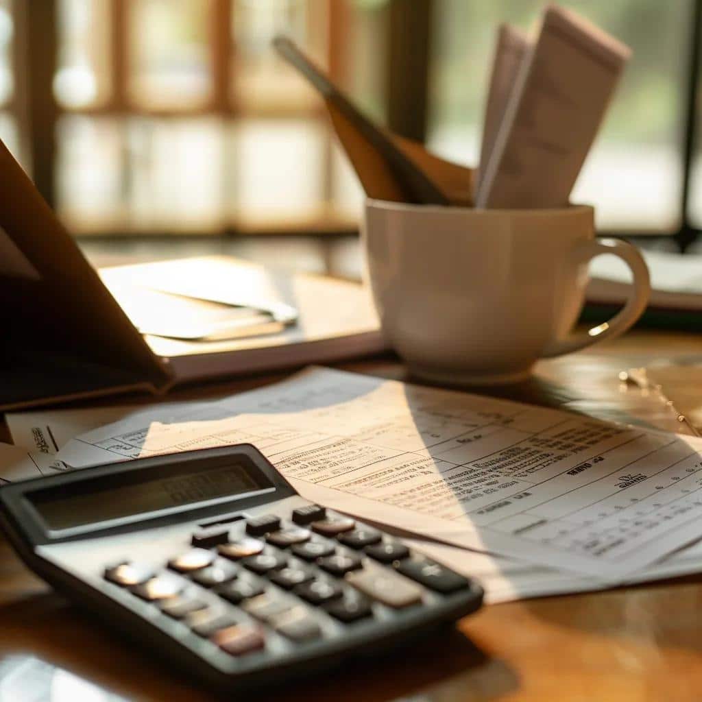 Calculator and financial documents representing assisted living costs in Rhode Island
