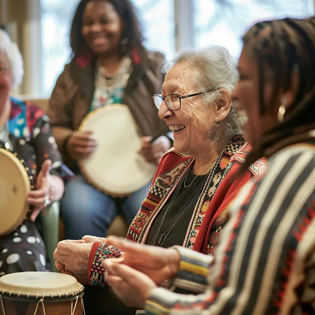Caregiver leading a memory care activity session with elderly residents